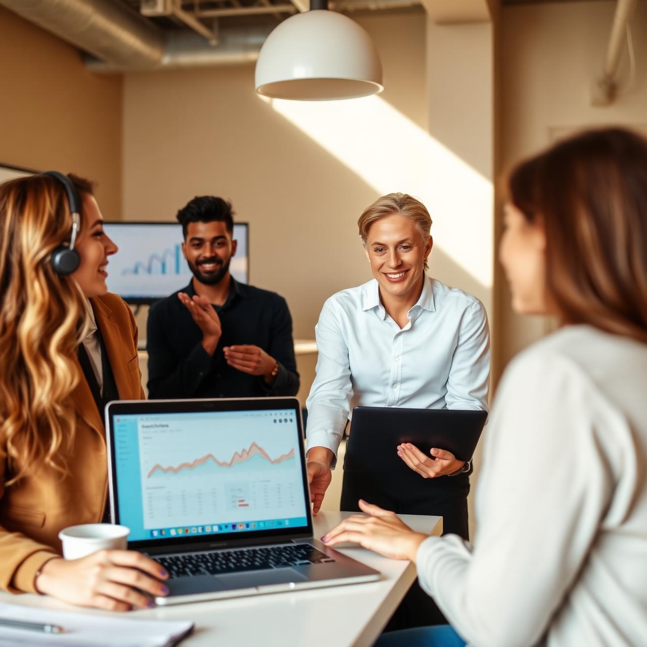 Equipe de marketing da Monk Agência analisando dados em um notebook